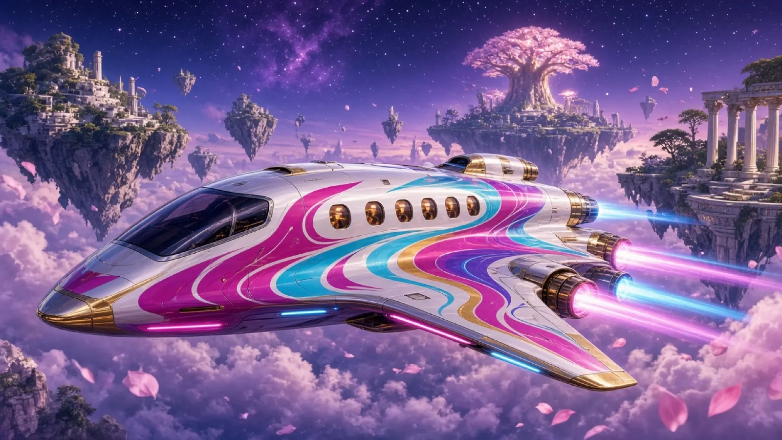 Concept art: a sleek white and chrome starship with matatu-style airbrush art and glowing magenta and cyan engines, flying between islands.