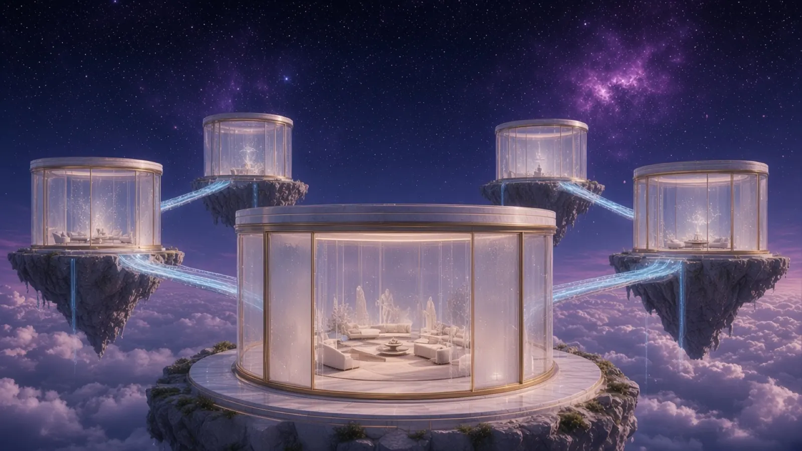Concept art: empty frosted-glass pavilions with gold frames on floating islands, linked by light bridges above the clouds.