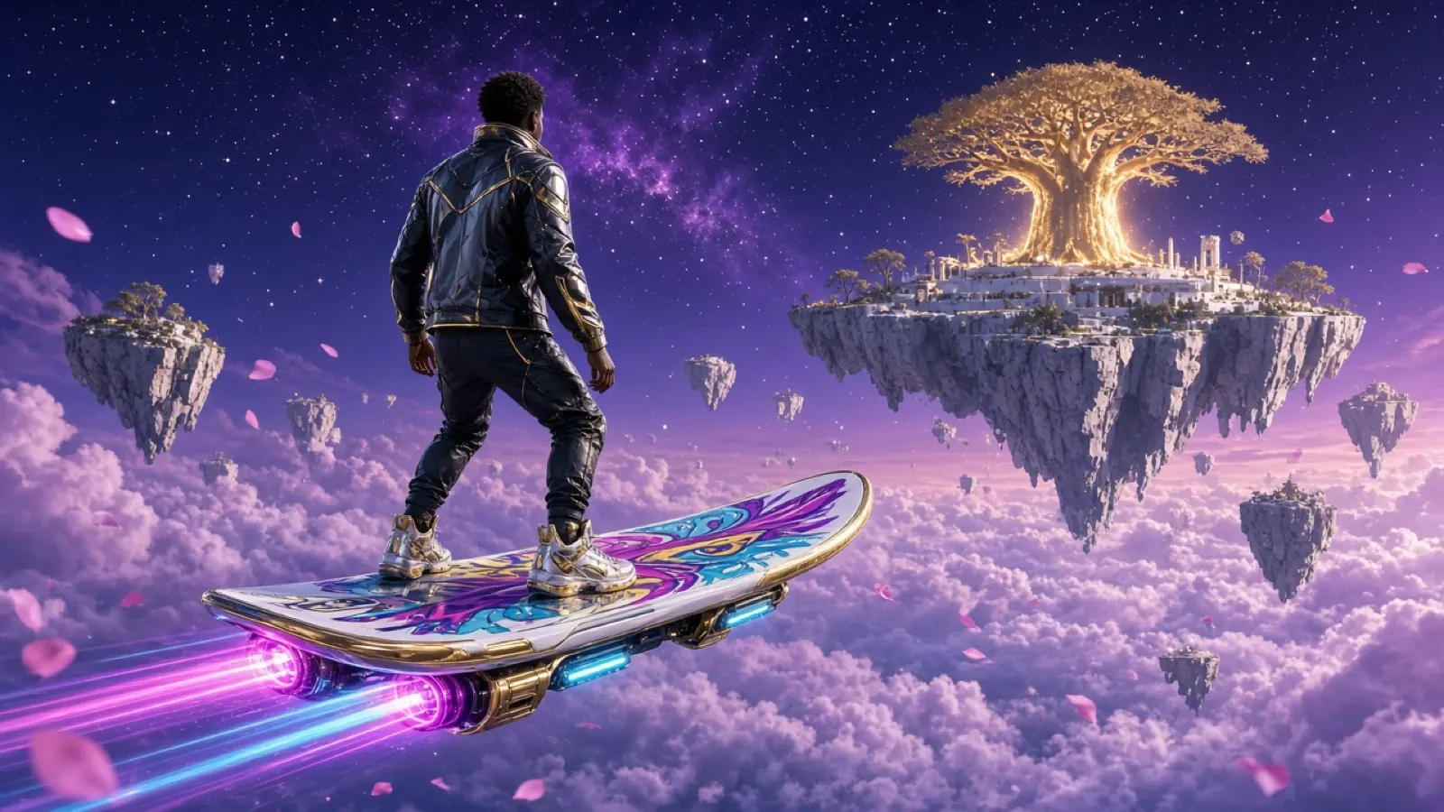 Concept art: an avatar in everyday streetwear riding a hoverboard with matatu-style graphics towards a golden baobab island, leaving light trails.