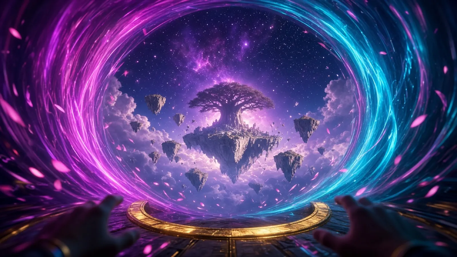 Concept art: a first-person view of a swirling magenta and cyan portal above a gold ring, with a baobab island and floating rocks beyond it.